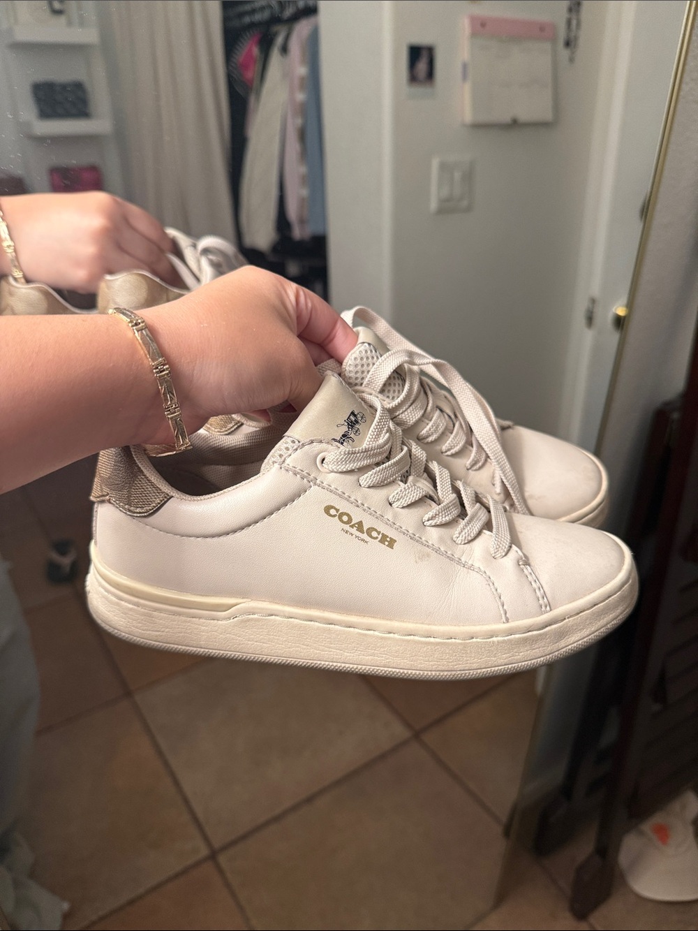 Coach Cream Leather Low-Top Sneakers with Gold Logo